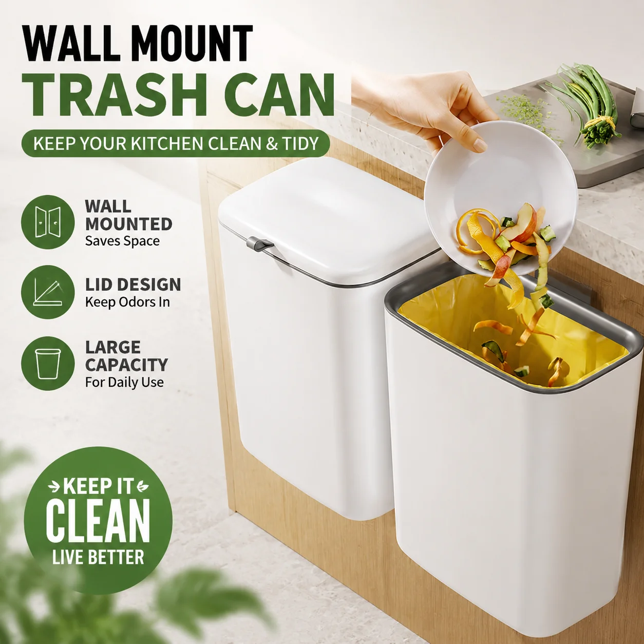 Double-purpose waste bin, no-bend, movable kitchen wall-mounted large-capacity open-top household bin