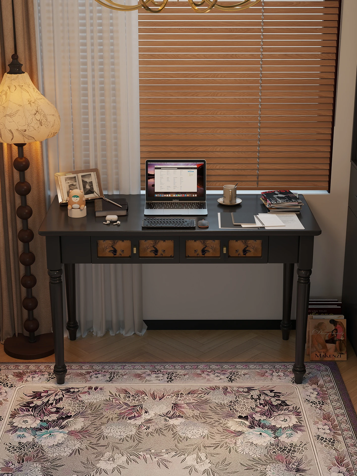 

Medieval solid wood desk household high value with pumping study table writing desk new retro