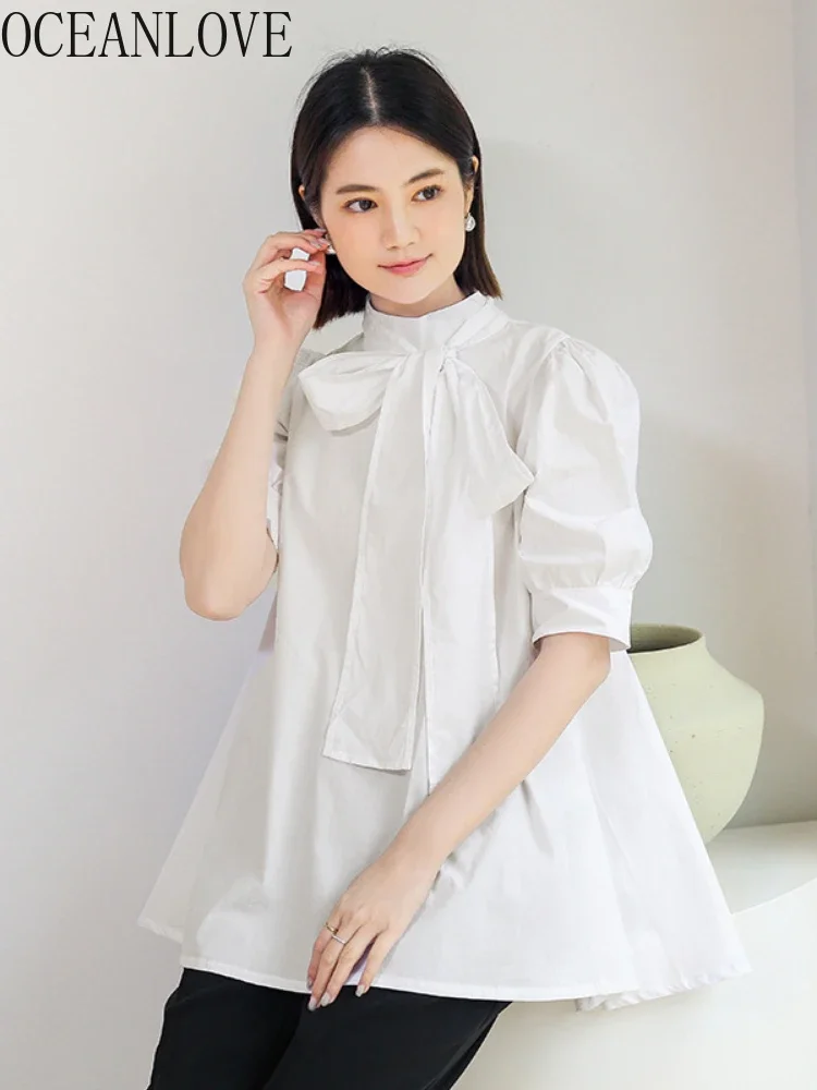 OCEANLOVE Blusas Mujer Puff Sleeve Loose Sweet Japan Style Summer Blouses Women Tops Elegant Office Lady Bandage Bow Shirts