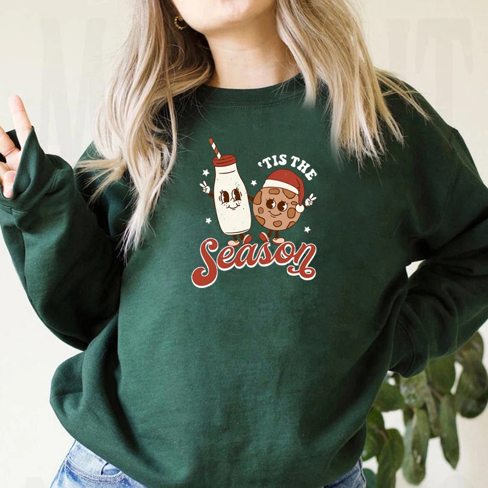 Cute Christmas Milk and Cookies Mascots Sweatshirt Tis The Season Retro Christmas Hoodie Xmas Pullover Holiday Spirit Sweatshirt