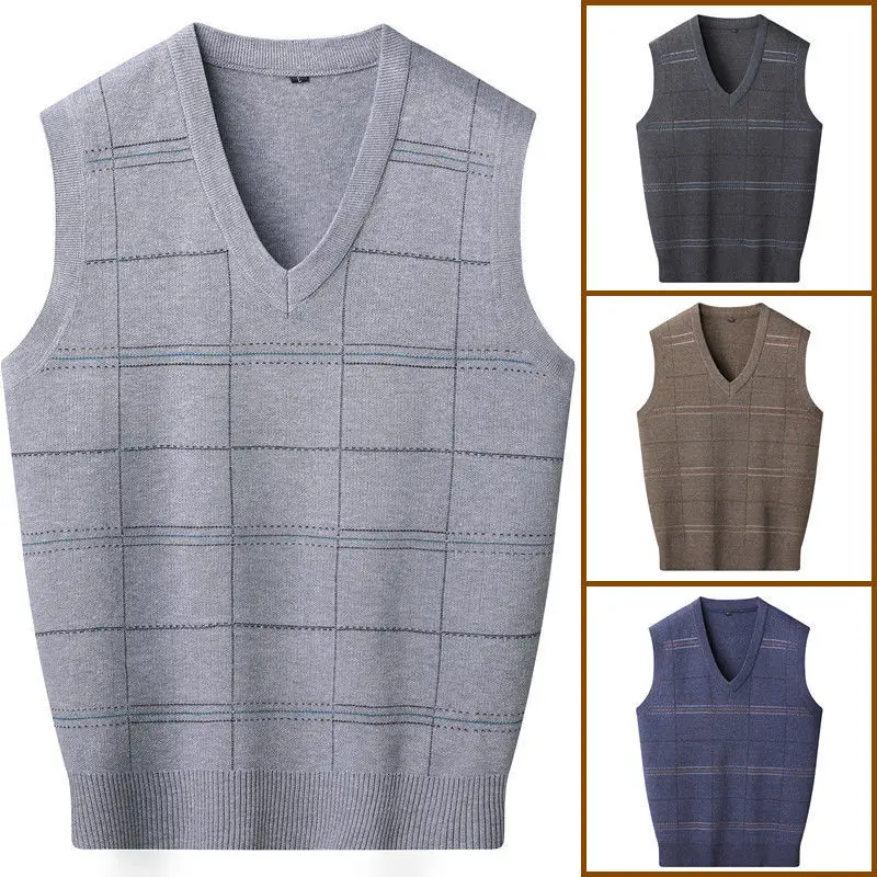 

New Autumn Fashion Designer Brand Plaid Pullover Diamond Sweater Vest V Neck Knit Vest Men Sleeveless Casual Men Clothing A121