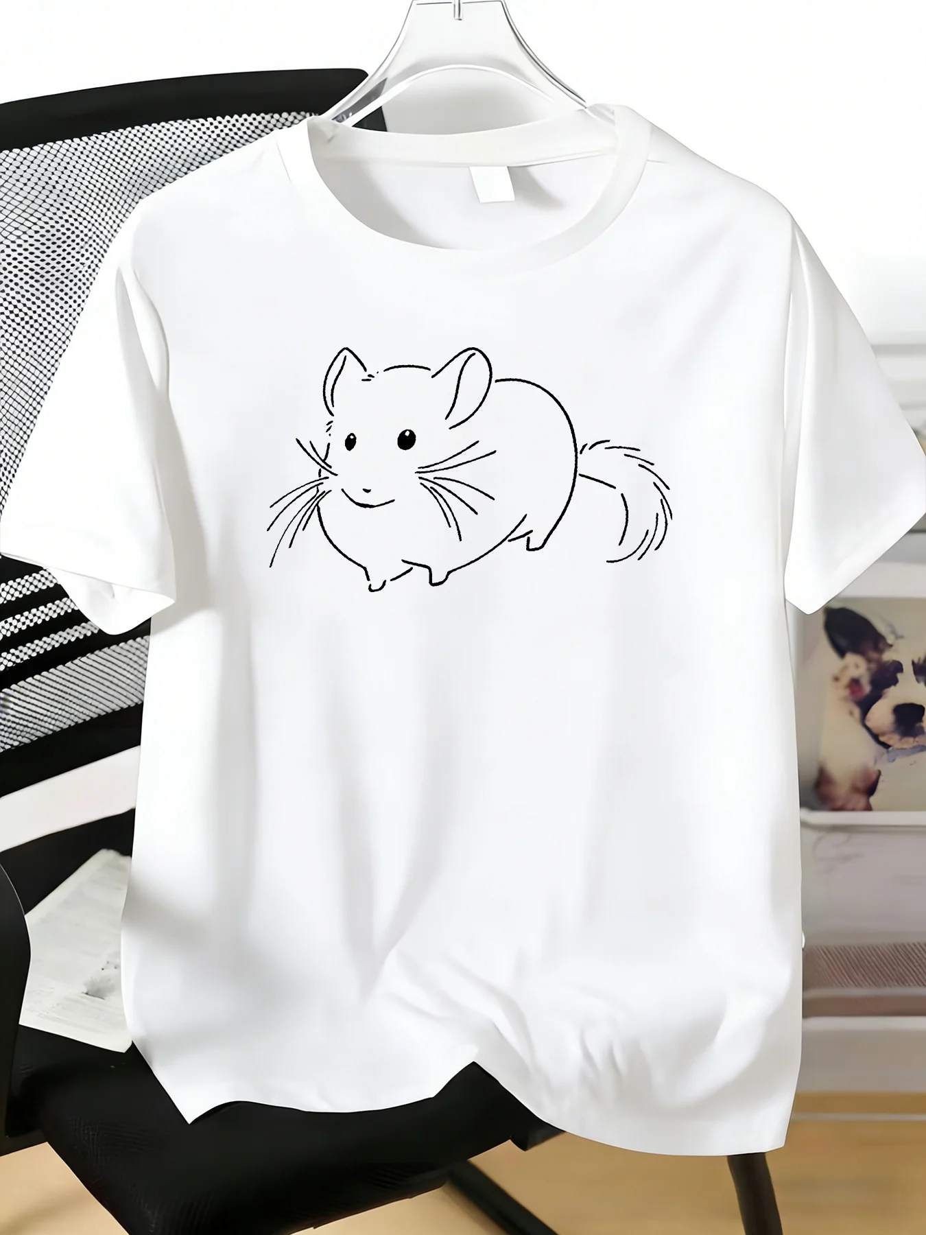Male Navy Crew Neck Tee Minimal Chinchilla Line Print Light Short Sleeve Summer Daily Casual Top For Small Pet Animal Lover Guys