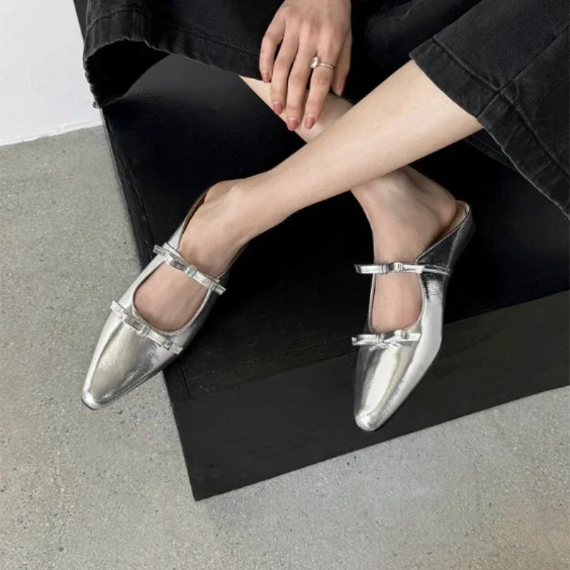 2024 New Luxury Bow Tie Mary Jane Womens Pointed Shiny PU Leather Flat Ballet Shoes Party Dress Womens Slippers Zapatillas Mujer