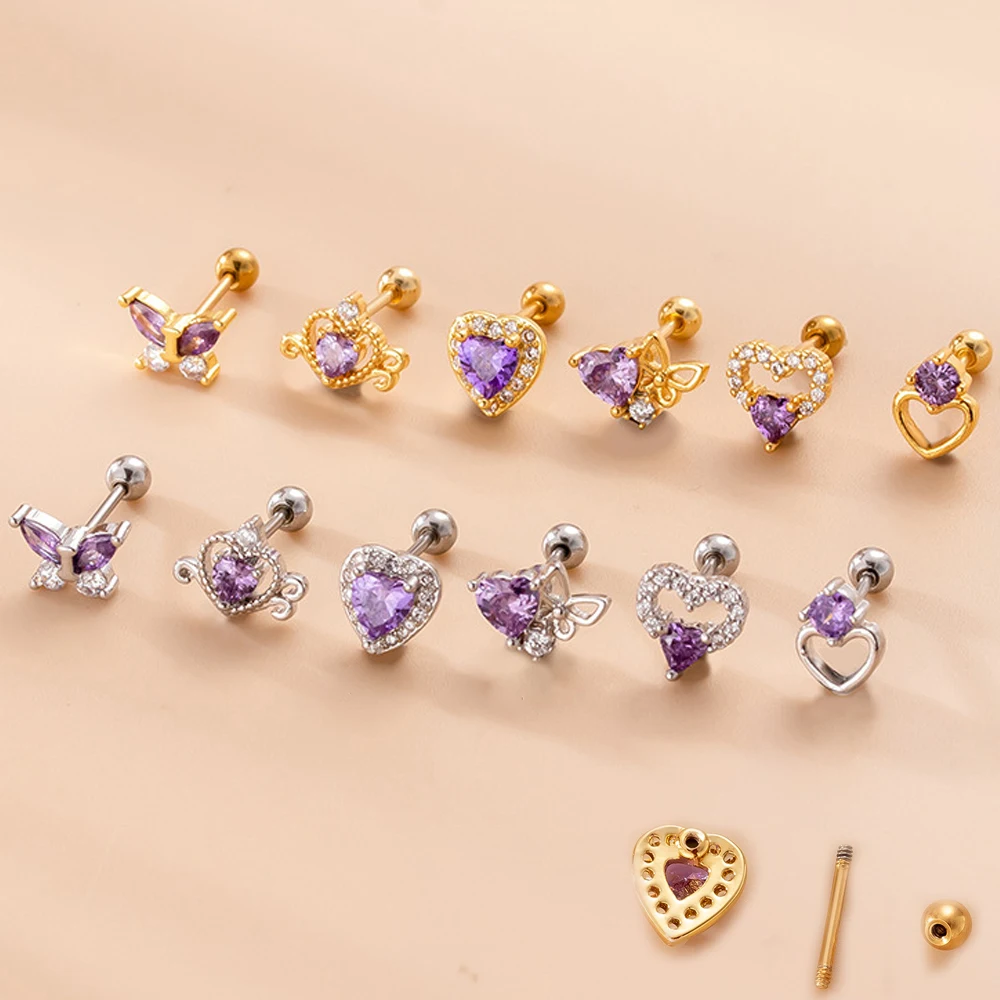 

1 PCS Cute Purple Zircon Heart Butterfly Stud Earring Women Simple Steel Screw Helix Bar Ear Cartilage Pierc Cuff Accessories