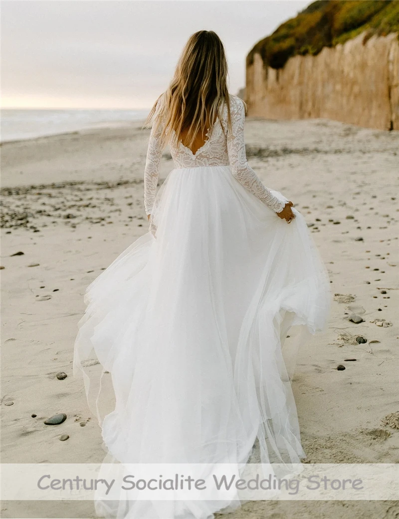 Beach Wedding Dresses for Women 2025 Lace Tulle Backless Long Sleeve A Line Rustic Boho Bridal Gowns for Women Bride Customized