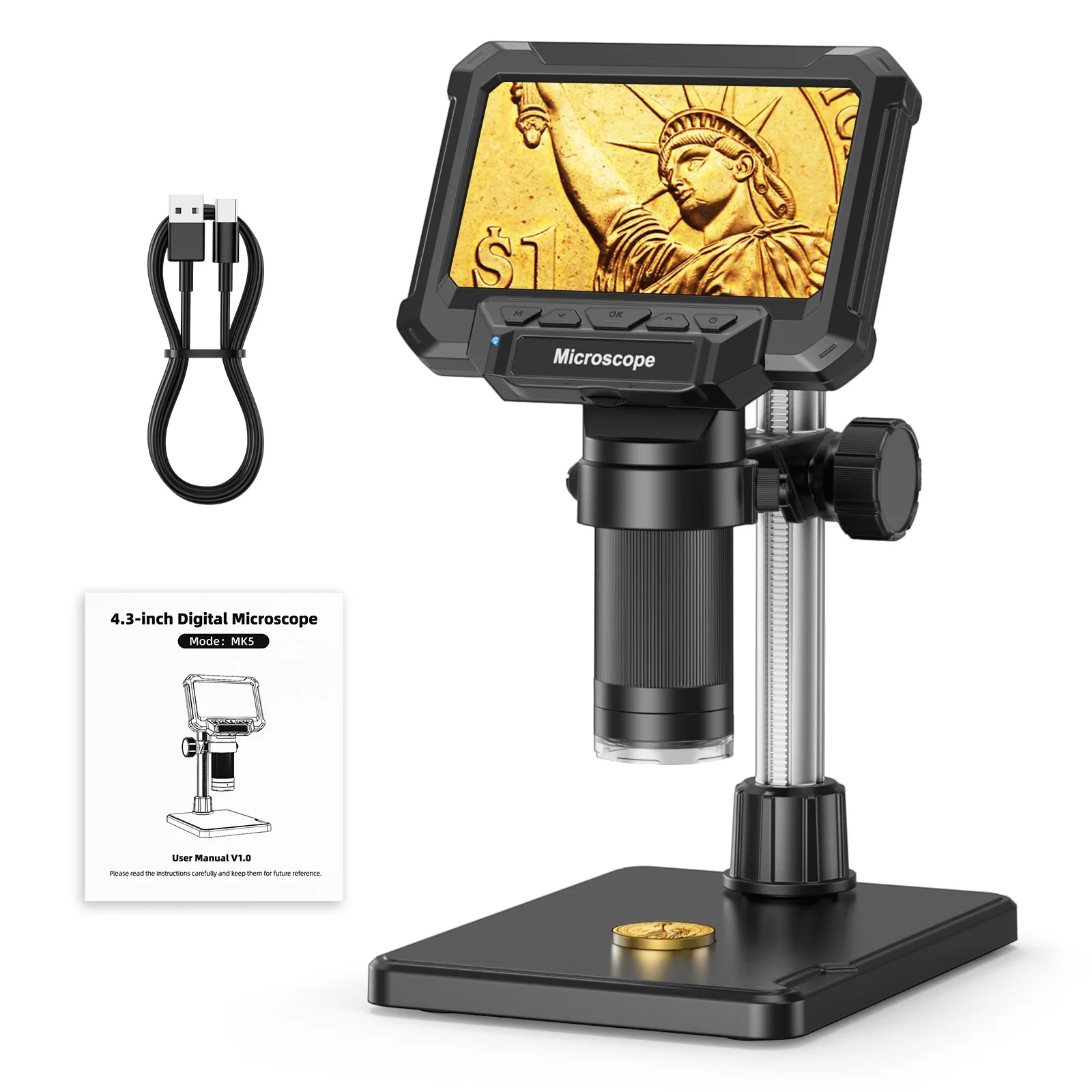 Digitale microscoop met 4,3 inch IPS-scherm 1600X muntspieroscoop met verlichting 1920P HD videomicroscoop voor PCB, munten, planten