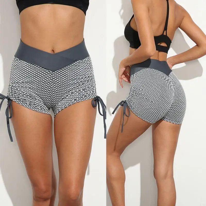 77HE 여성 하이 웨이스트 운동 반바지 운동 요가 러닝을위한 Drawstring 로프가있는 웨이브 포인트 디자인 반바지