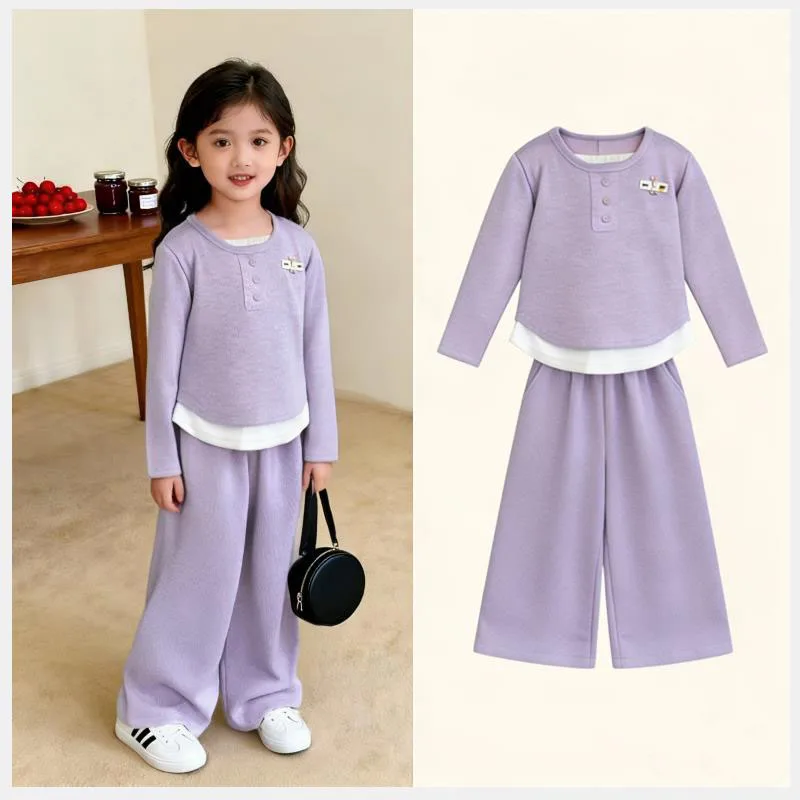Children's Set 2026 Girls' Spring and Autumn Leisure Soft Sticky Fake Two piece Top Wide Leg Pants Two piece Set 1-12 Years Old
