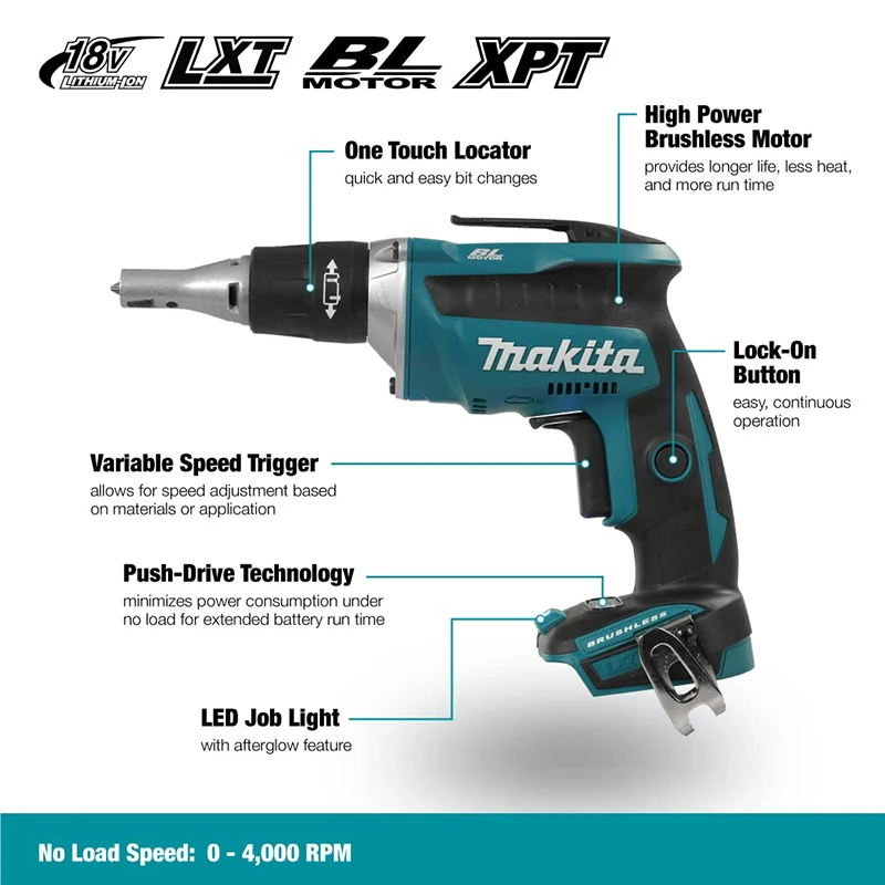 Makita DFS452Z 18 V Li-Ion Brushless Drywall Screwdriver Rechargeable Cordless ‎350 Watts Household Electric Screwdrivers