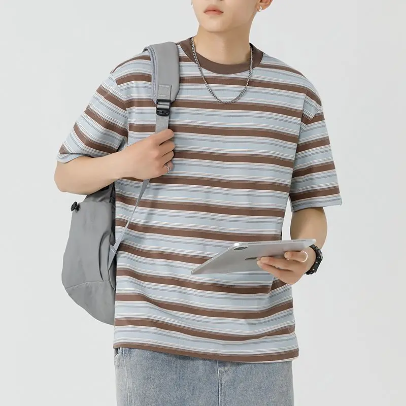 Men's Striped Short Sleeve T Shirt Crew Neck Loose Fit Casual Streetwear Top With Small Blue Label Detail