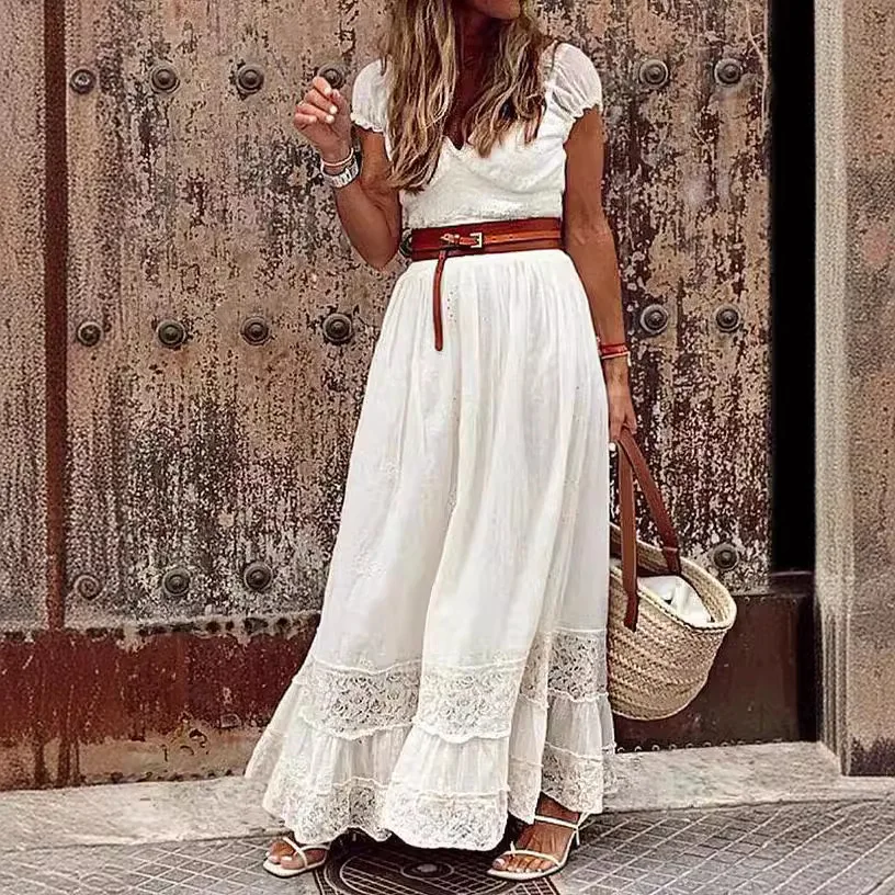 فستان نسائي طويل غير رسمي بلون سادة فستان صيفي مفرغ من الدانتيل ماكسي فيستدوس أنيق صيفي للحفلات المسائية فساتين فيستدوس