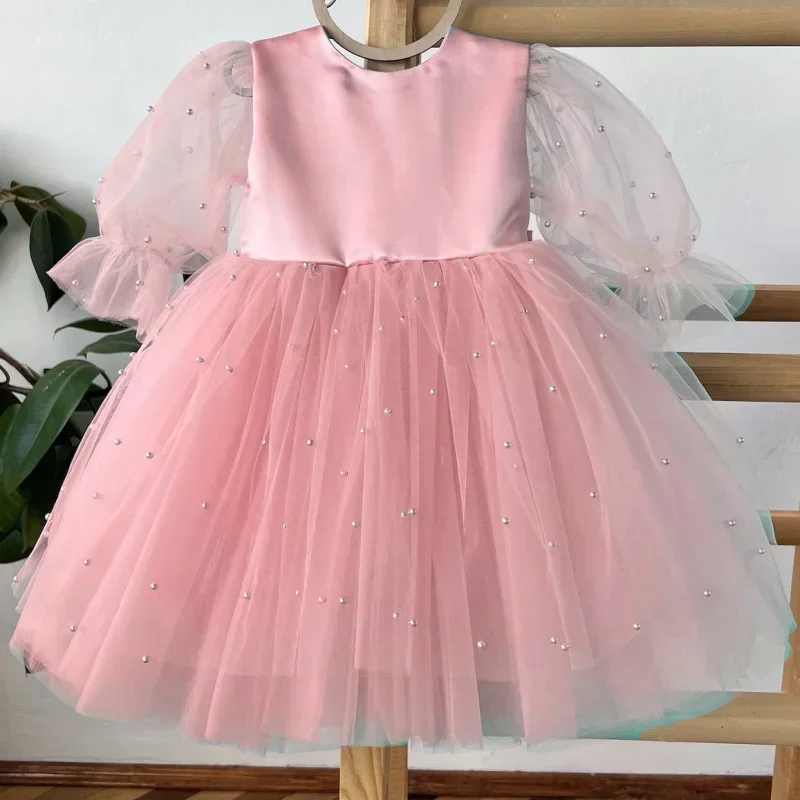 Birthday Party Holy Communion Gowns Flower Girl Dresses Blue Tulle Puffy Pearls With Bow Long Sleeve For Wedding