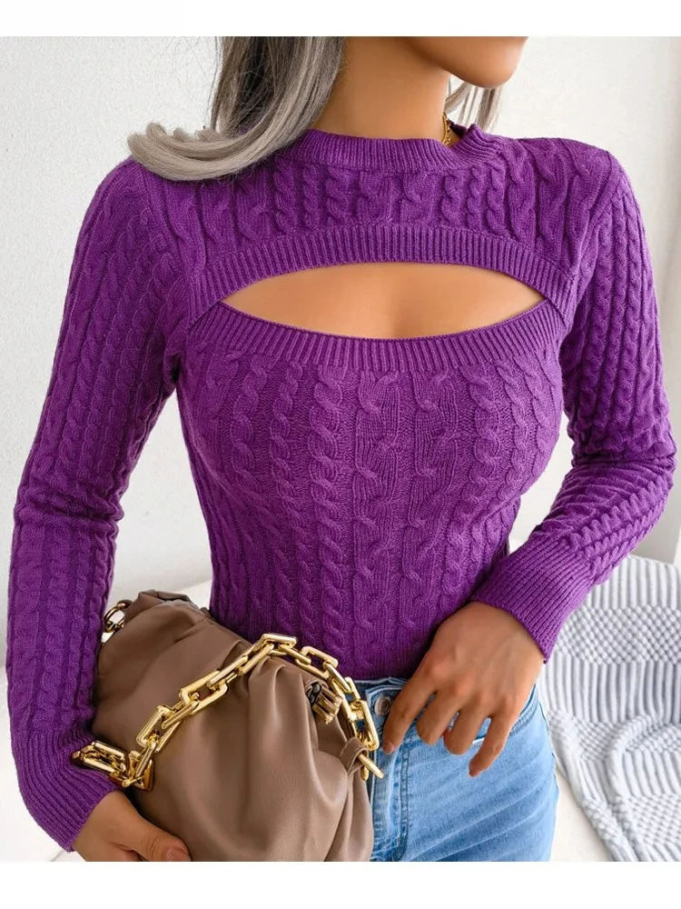 

Winter O Neck Hollow Knitted Sweater Women Long Sleeve Bodycon Pullover Autumn Lady Casual Solid Warm Jumper