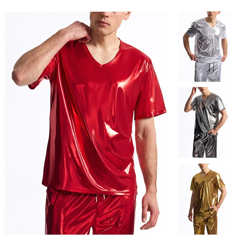 

Summer New Men's BronzingVCollar Short SleeveTShirt Thin Glossy Performance Wear