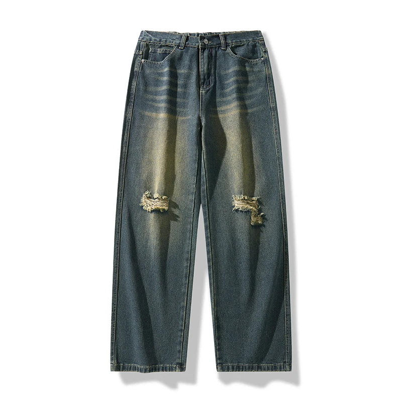 

8029 American jeans men's spring and summer new hole draping loose retro straight tide wide-leg pants