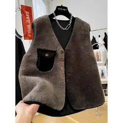 Fleece Waistcoats for Women Plush Vest V-neck Casual Sleeveless Cardigans Korean Style Suede Lambhair Jackets Loose Women Tops