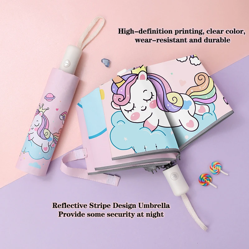 Automatic Umbrella Pink Unicorn Princess Crown Umbrella,Windproof Folding Umbrellas,Reflective Stripe Design Umbrella，No Rebound