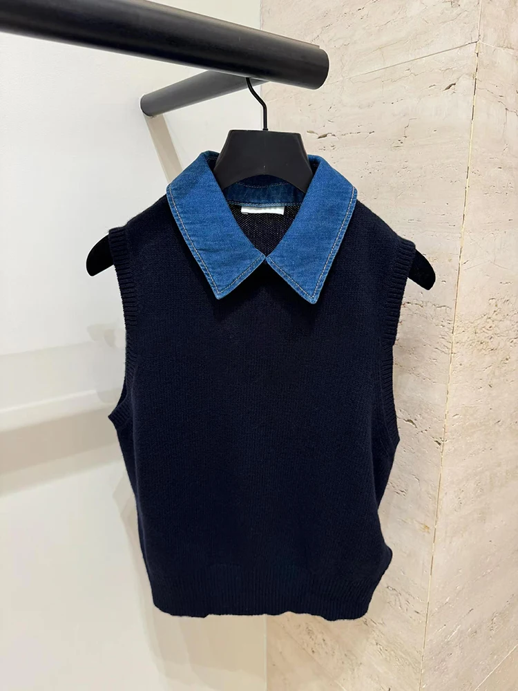 S Home South Oil-Chaleco de punto de retales de mezclilla para mujer, Top de gama alta para temporada de otoño, corte ajustado para ir al trabajo