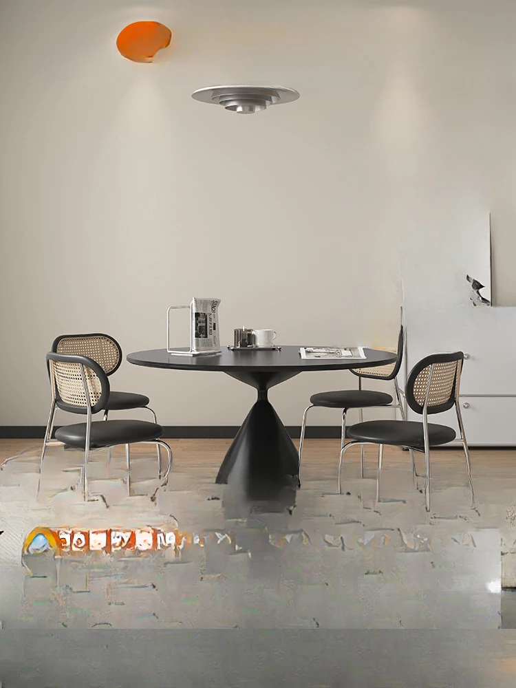 

Black rock plate dining table Italian minimalist round table modern minimalist home high-end waltz with turntable circular