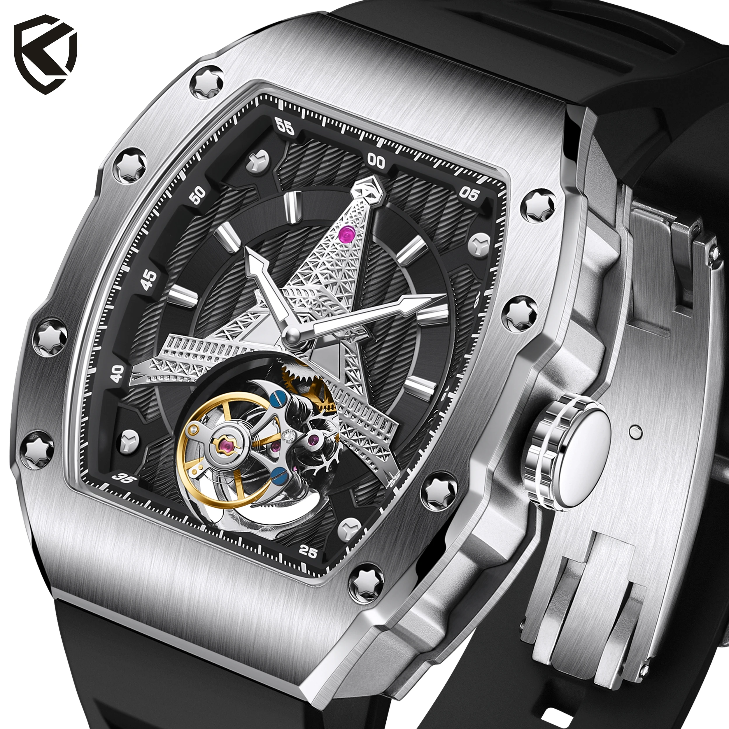 KOULUOLANG 41.7mm High-end Luxury Man Watch Fit Original Tourbillon Manual Winding Movement 316L Stainless Steel 5Bar Waterproof