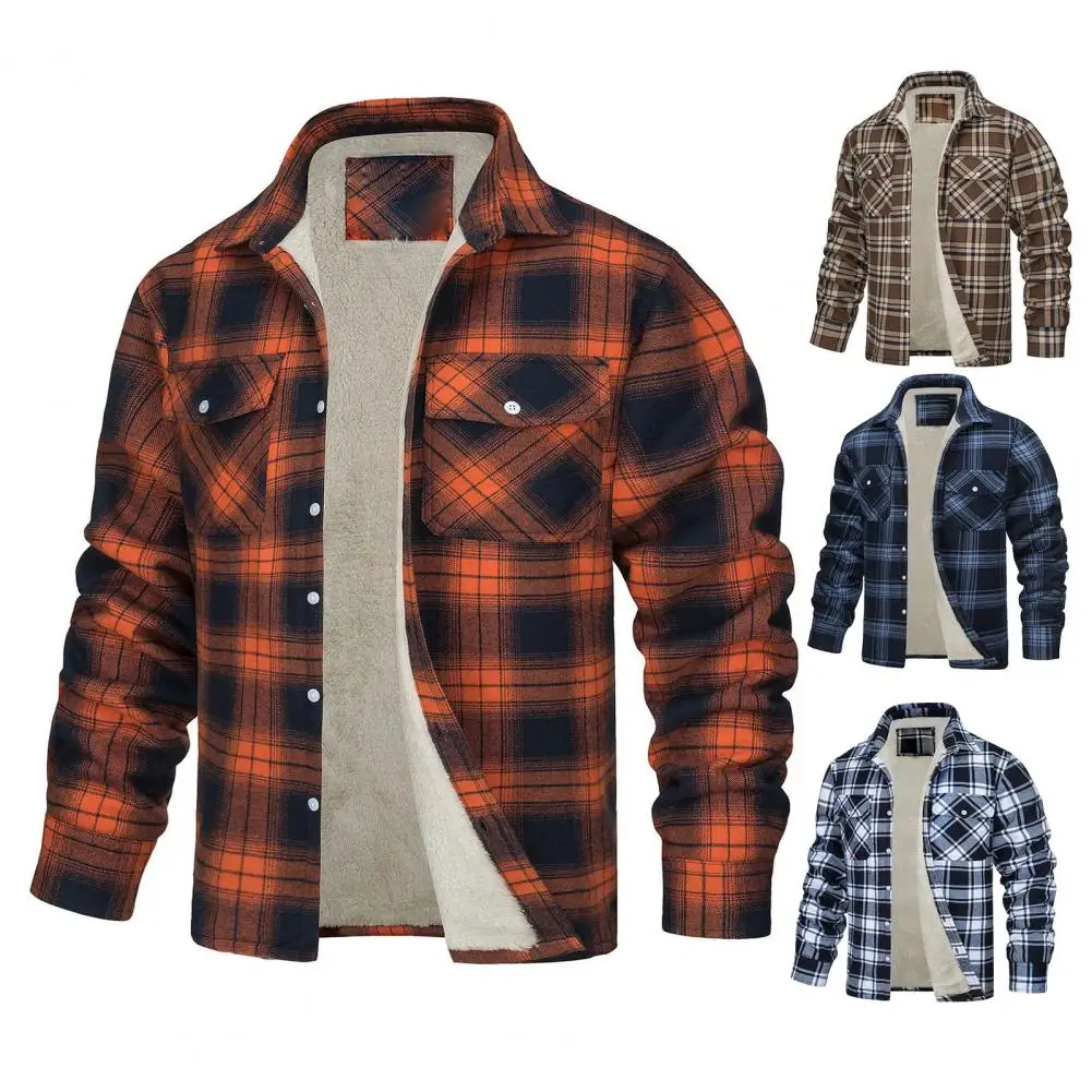 

Single-breasted Jacket Plaid Print Lapel Men's Fall Winter Jacket with Soft Plush Pockets Single-breasted Design for Casual