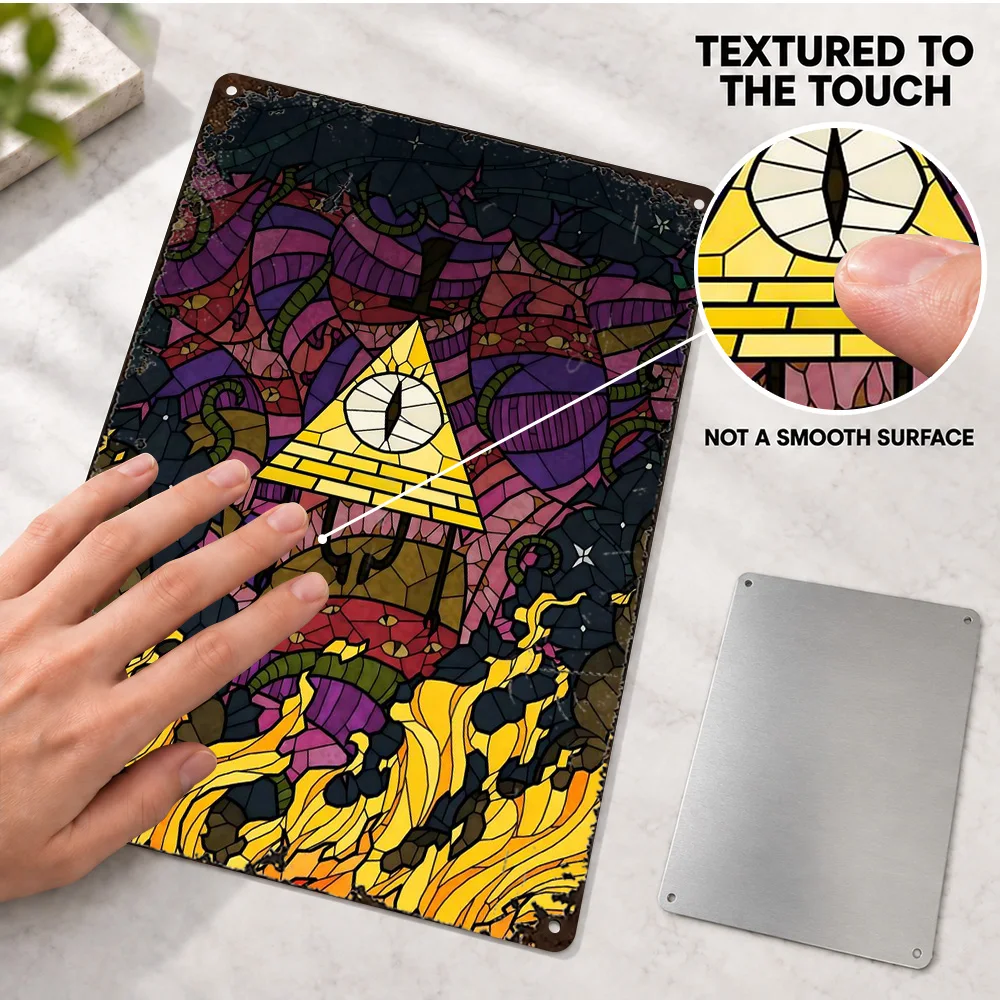 Bill Cipher Textured Metal Poster Personalized Aluminum Sign Ornamental Stained Glass Design Wall Art For Bedroom Birthday Gift