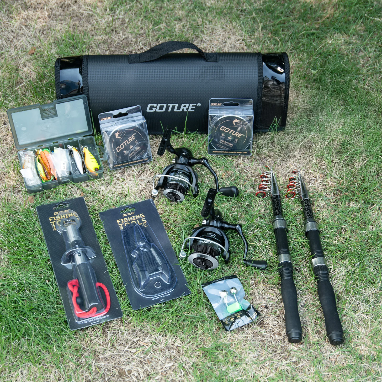 Goture Double Fishing Rod Kit, Carbon Fiber Telescopic Fishing Rod and Reel Combo with Line, Bionic Bait, Hook and Bag Set