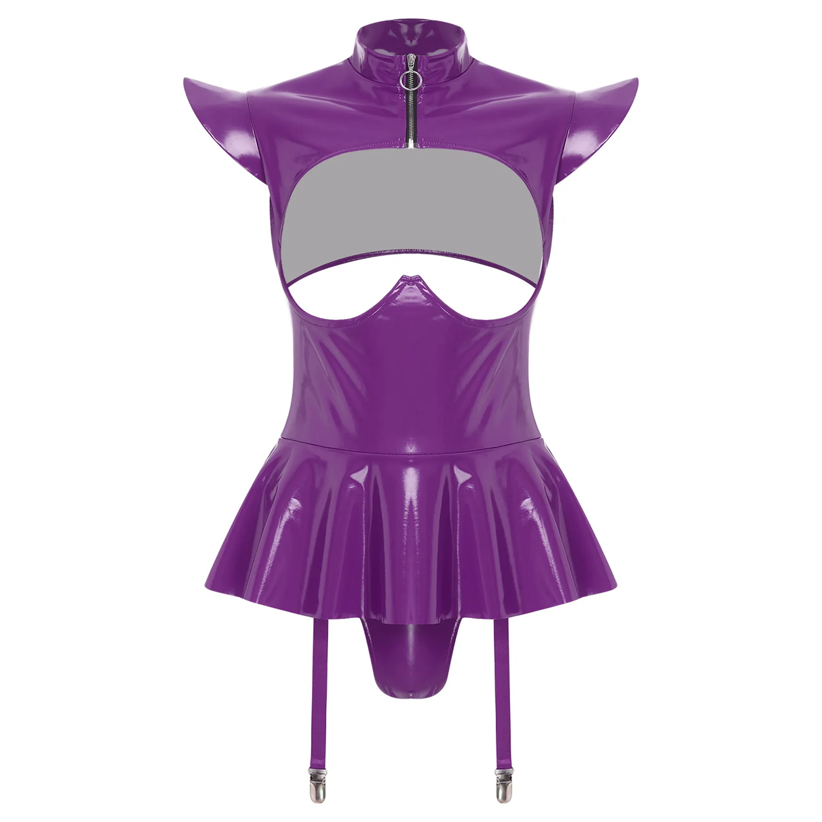 

Women Lingerie PU Leather Tempting Bodysuit Breast Hollow Out Underwire Teddies Ruffled Hem Garters Jumpsuit Erotic Nightwear