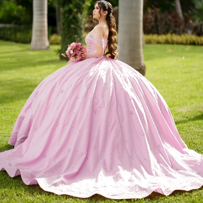 

Pink Quinceanera Dresses Ball Gown Off The Shoulder Beading Crystal Tull Sweet 16 Dress Vestidos De 15 Anos