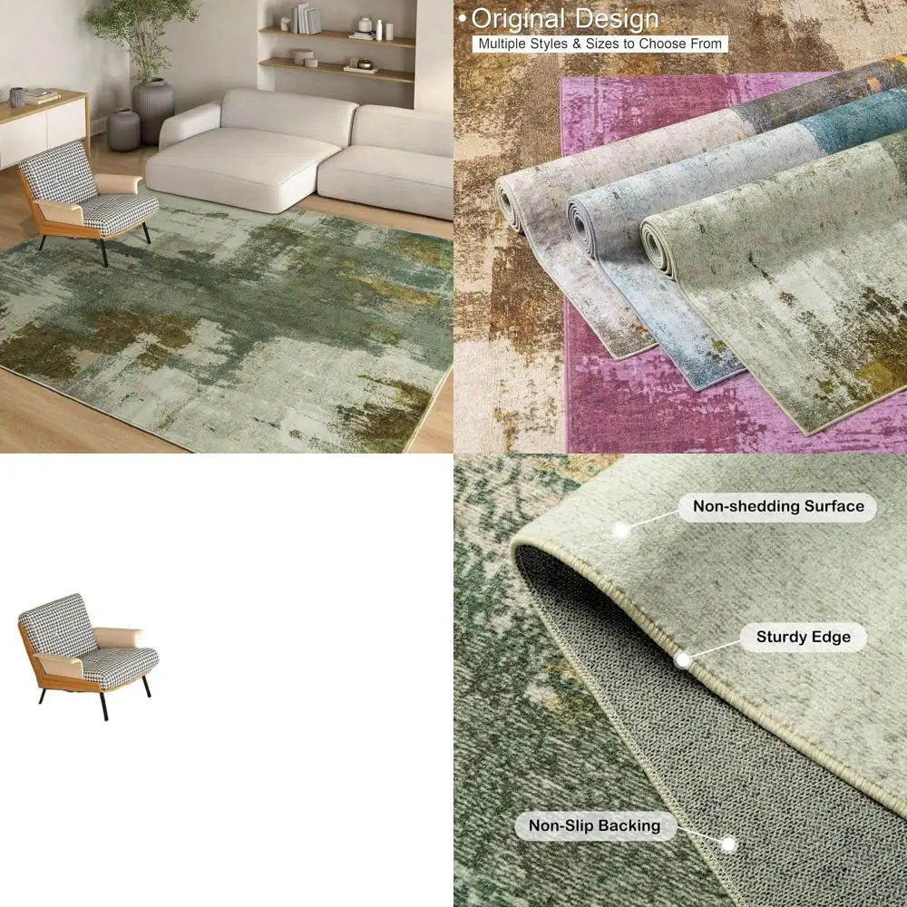 

Living Room Rug, 5x7 Rug Modern Abstract Washable Rugs Green Faux Wool Vintage Carpets, Non Slip Rug for Bedroom, Dining Room, C