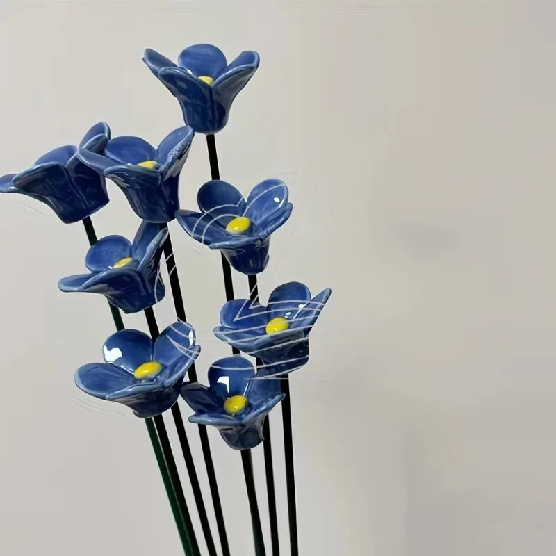 Handcrafted Forget-Me-Not Ceramic Flowers Fade-Resistant Pottery Ornaments for Indoor Outdoor Home Deco