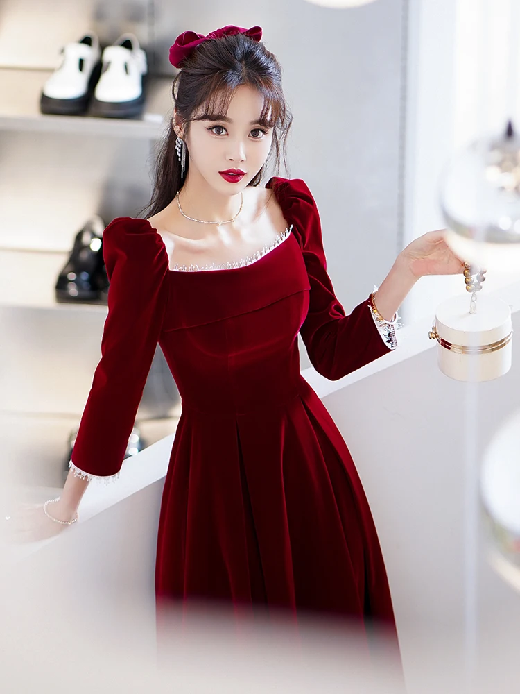 

Red Velvet Wedding Dr Women's Sle Long Sve Floor Length Evening Gown Korean Faion Ele Color Suitable for Par ...