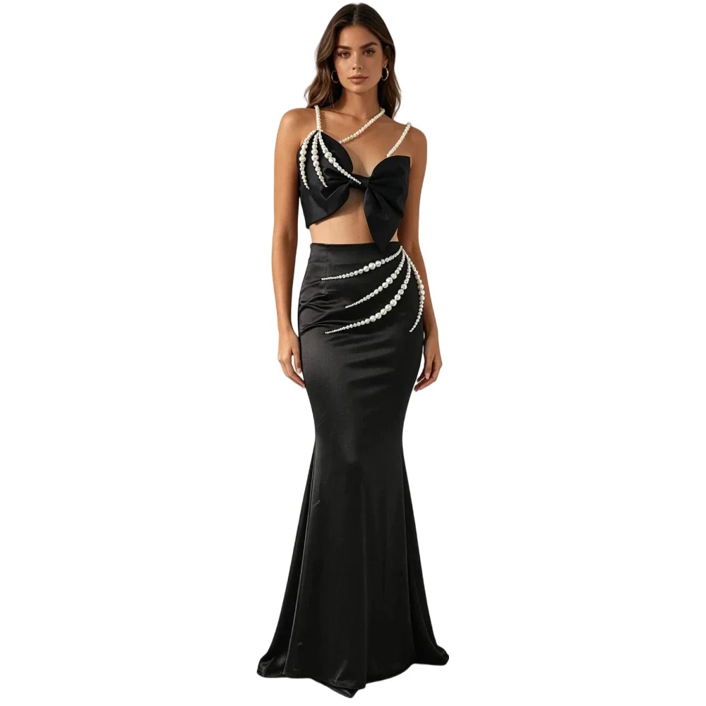 

Fashionable Luxurious Pearl Chain Two Piece Dress Sexy Elegant Big Bowknot Satin Mermaid Gown for Dinner Party Club Wedding