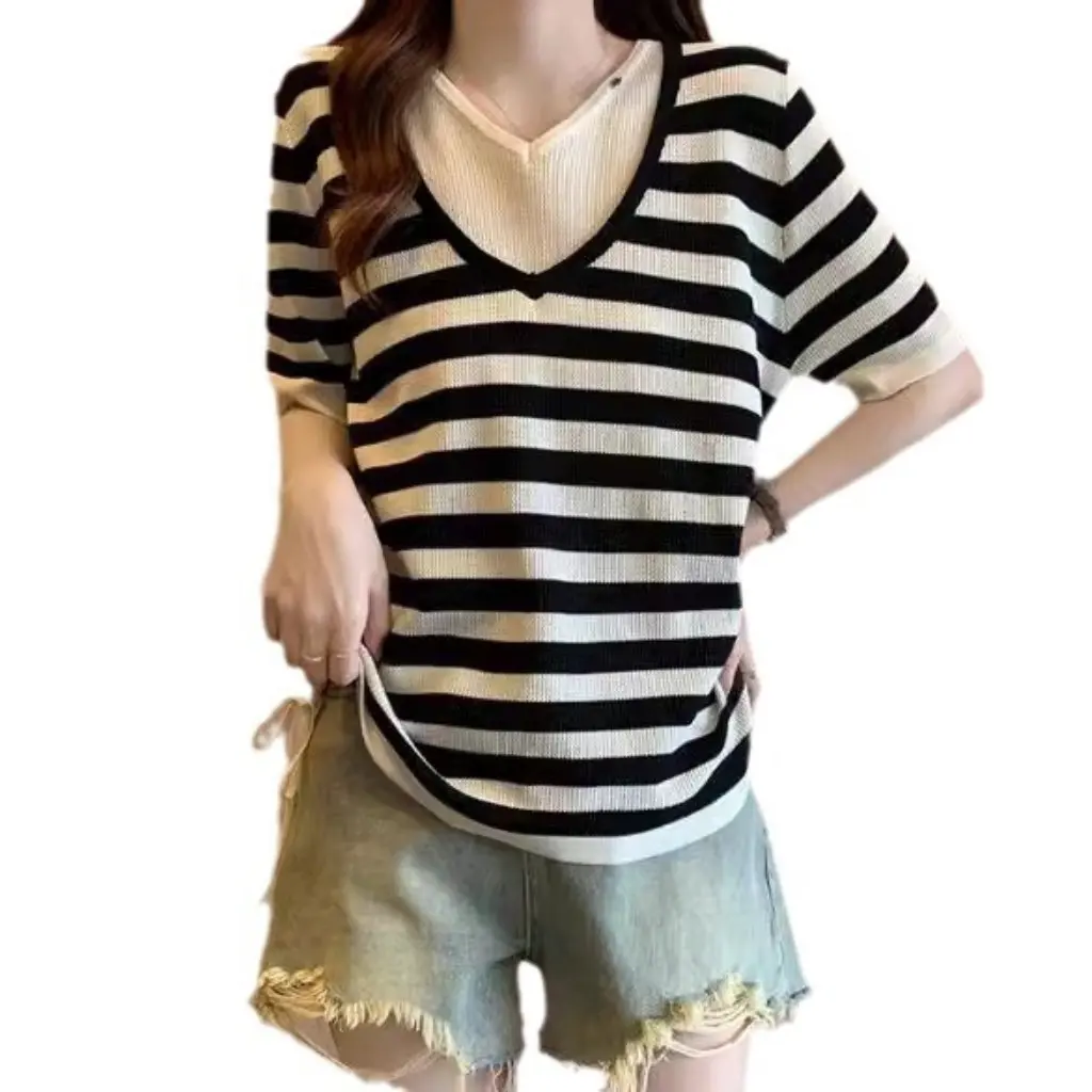 

Summer New Women's Contrast Color V Collar Commuter Pullover Thin Ice Silk T-Shirt Drawstring Knitted Chinese Fir
