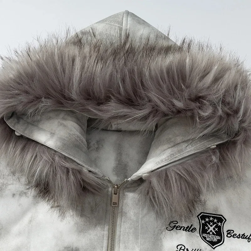 【Mirrordust】سترات شتوية للرجال بياقة من الفرو معاطف سترات دافئة سميكة عتيقة كبيرة الحجم هاراجوكو هيب هوب مبطنة ملابس خارجية