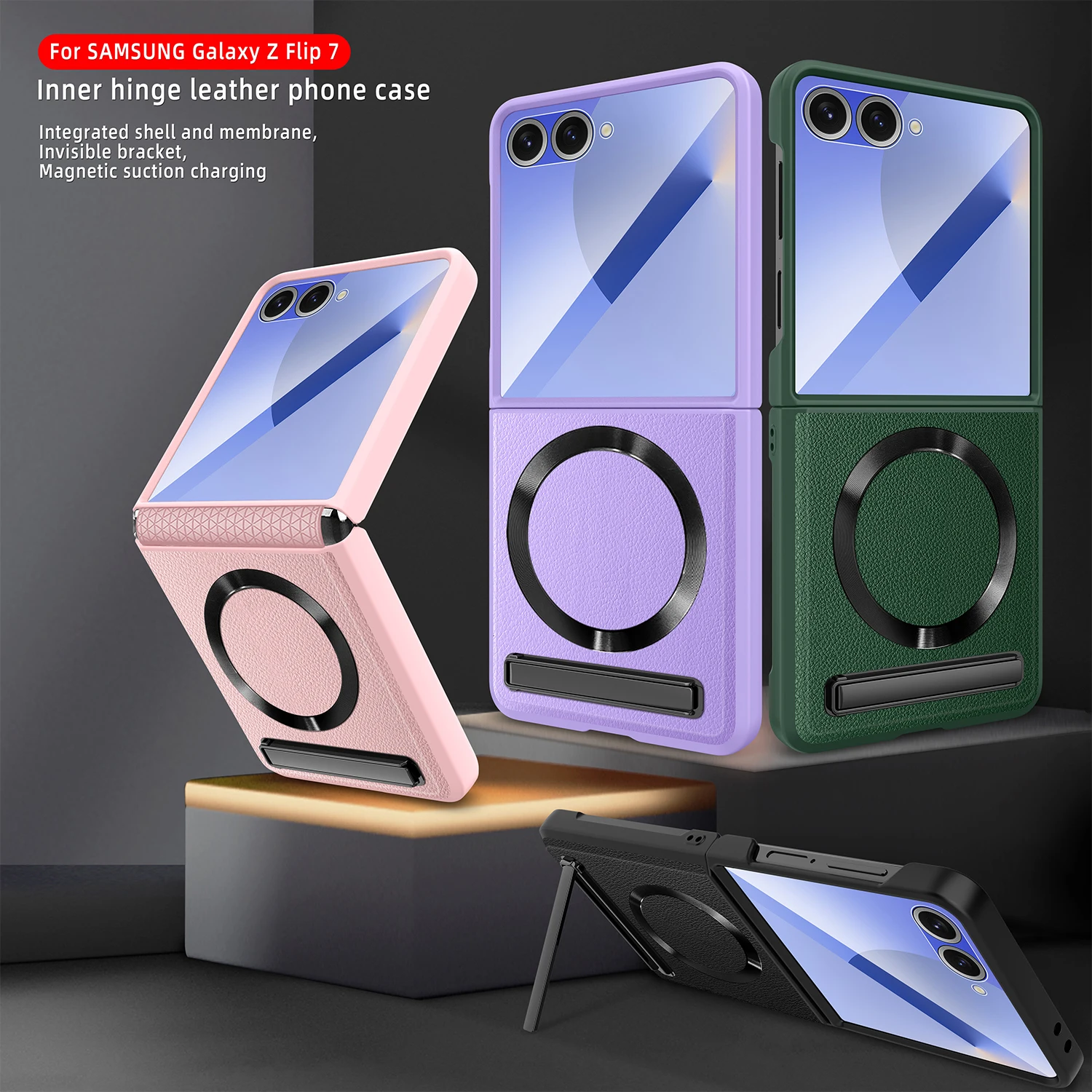 

Busine Sle Magnetic Wireless Charging Kickstand Phone Case for Samsung Galaxy Z Flip7 6 5 Hinge Protect Glass Film Leather Cover