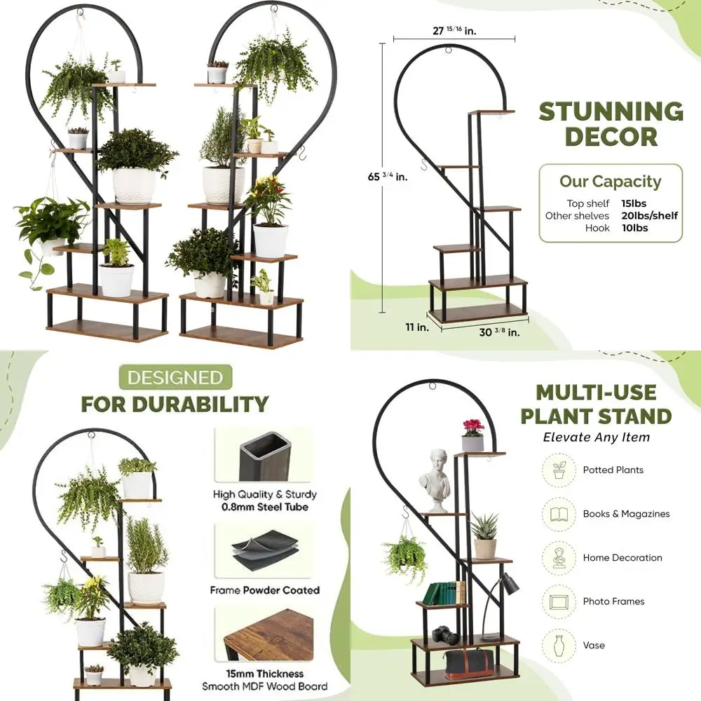 

Heart-Shaped Ladder Plant Stand for Indoor and Outdoor Use, Black, Ideal for Multiple Plants in Home, Patio, Lawn, and Garden