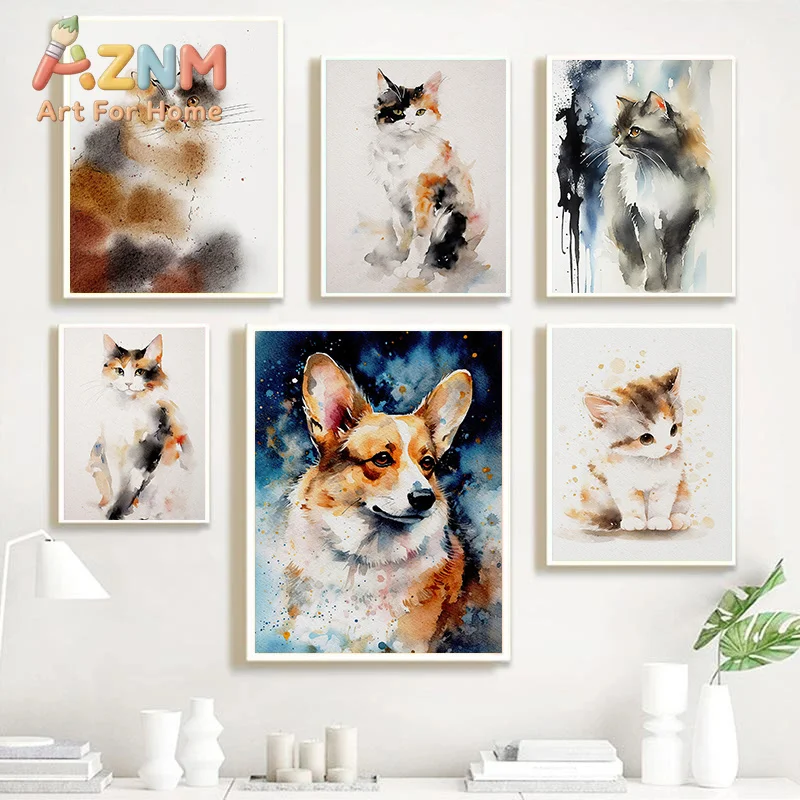 Watercolor Calico Cat Yorkshire Bichon Frise Poster Cute Family Pets Canvas Painting Vibrant Wall Art Picture Office Home Dec