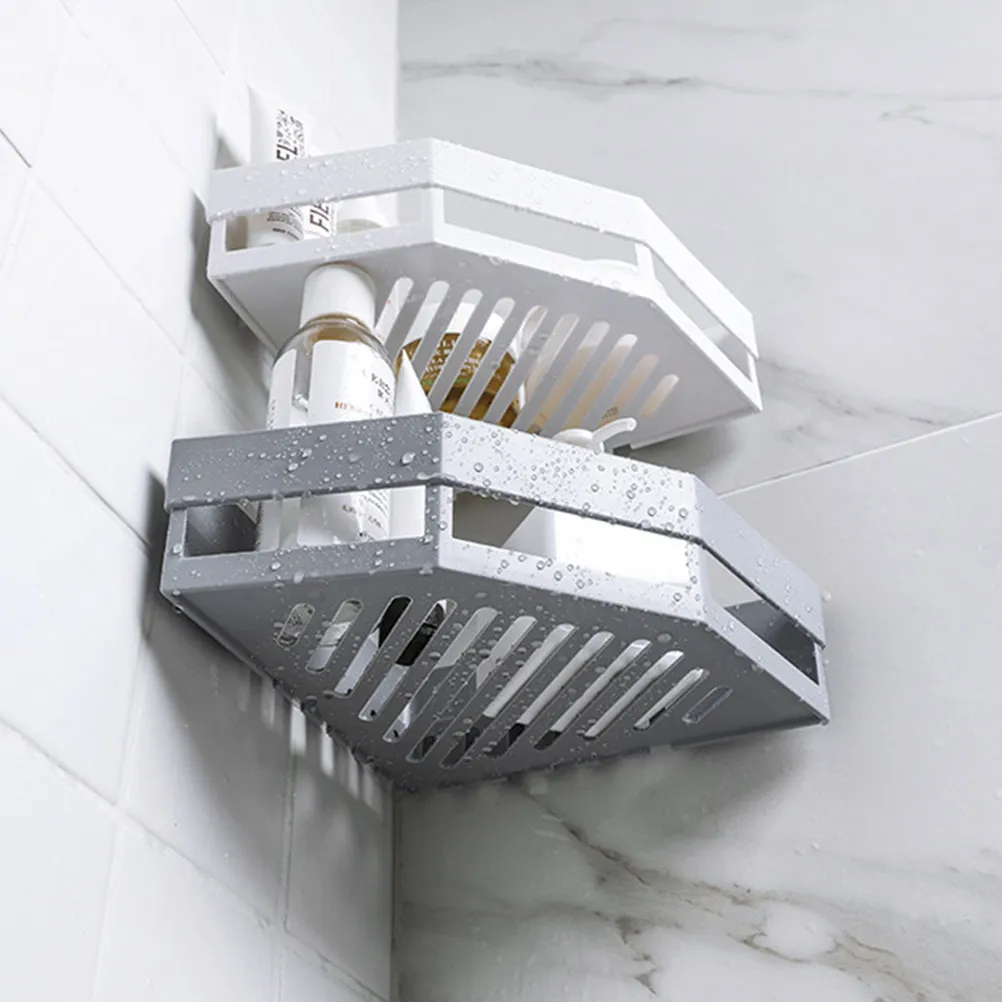 Triangle Corner Shower Caddy Wall Mount Bathroom Storage Rack with Hollow Drain Basket for Soap Shampoo Lotion Toothpaste