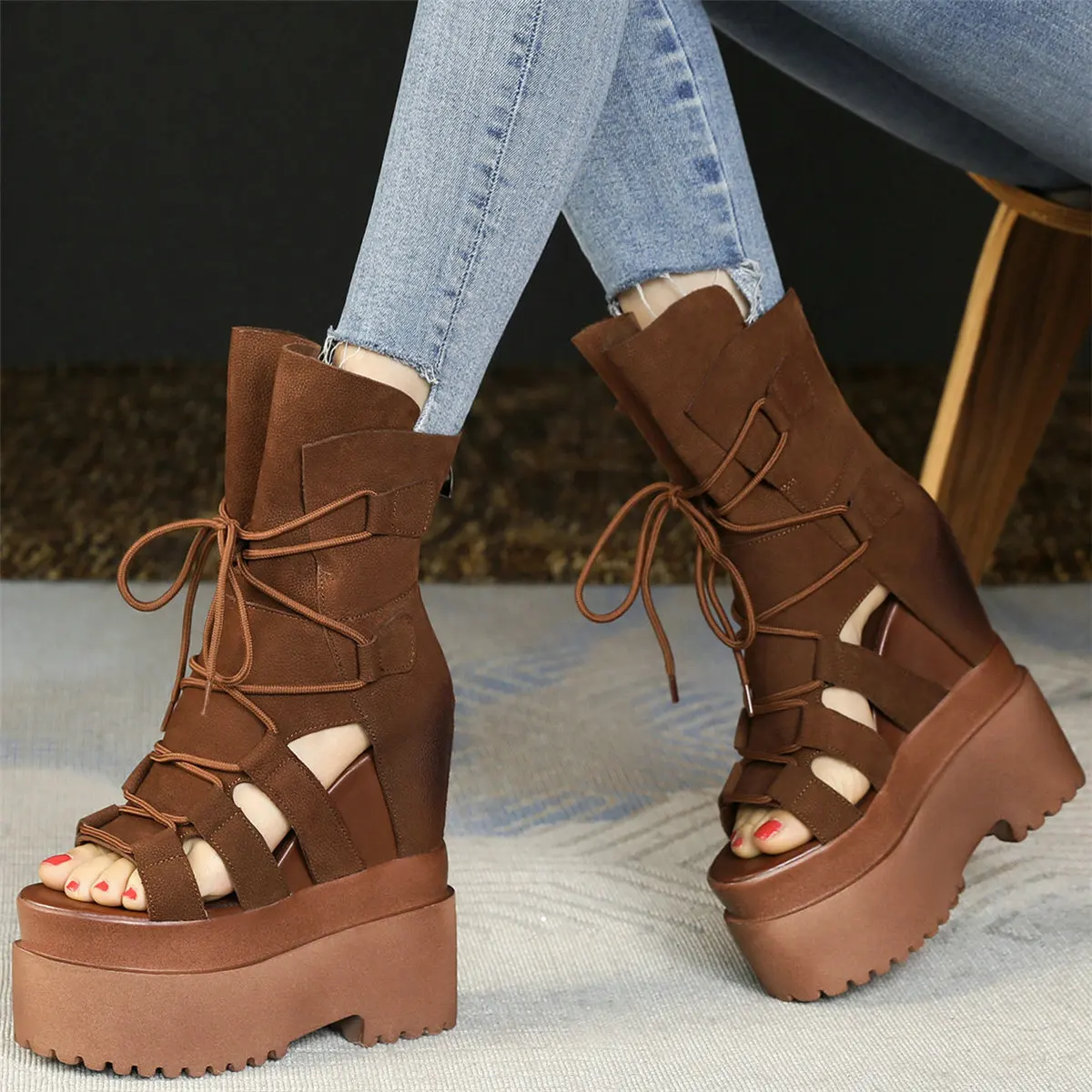 Summer Wedges Fashion Sneakers Women Lace Up Cow Leather High Heel Gladiator Sandals Female Open Toe Platform Pumps Casual Shoes