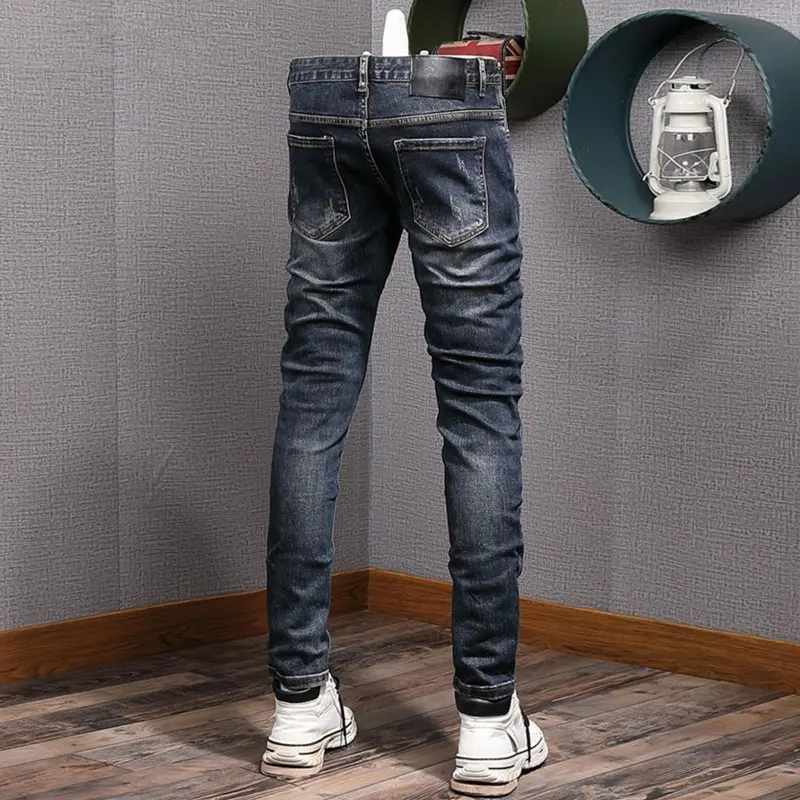 High Street Fashion Men Jeans Retro Dark Blue Stretch Skinny Fit Ripped Jeans Men Vintage Designer Denim Pencil Pants Hombre