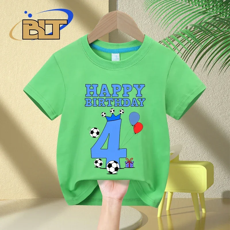 Maglietta di compleanno per bambini di 4 anni, tifosi di calcio, magliette casual a maniche corte in cotone per bambini estivi