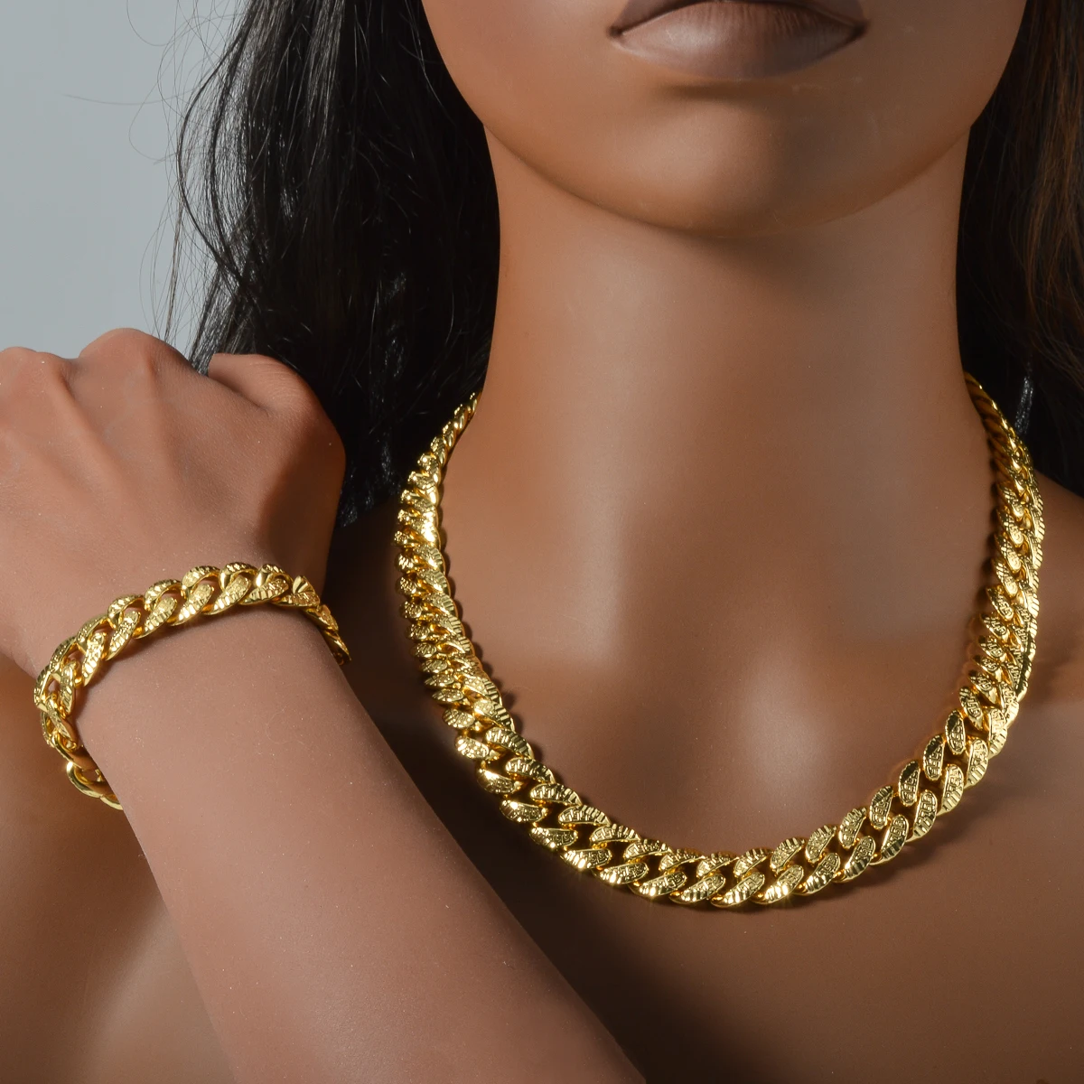 

Trap Style Copper Jewelry Set Gold Plated Thick Link Chains Necklace Bracelet Gift for Hip Hop Dance Street Fashion