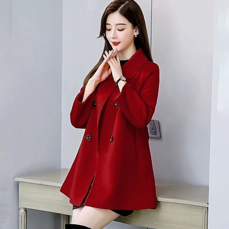 سترة صوفية عصرية معطف نسائي ربيعي جديد حزام خصر غير رسمي صف مزدوج سترة واقية من الصوف للتخسيس ملابس خارجية XQ15