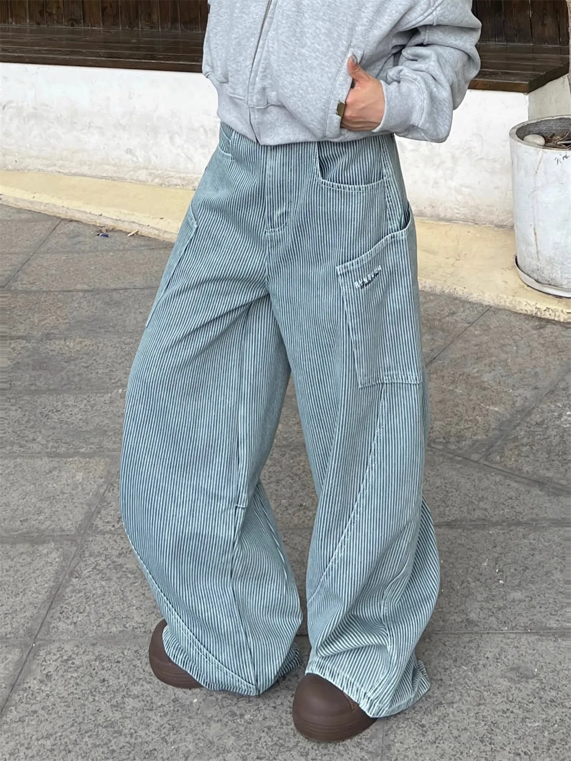 

American Retro Striped High Street Knife ket Workwear Jeans Loose Floor-Length Wide Leg Pants Men's Women's Design Sense