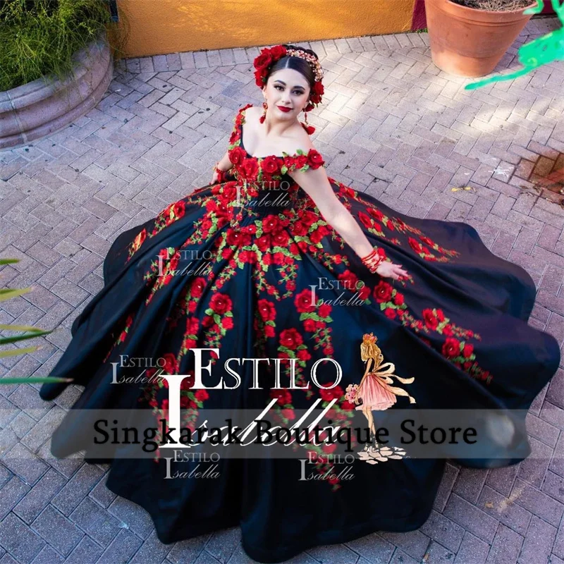 Mexican Black Ball Gown Quinceanera Dresses Sweet 16 Dress Flowers Embroidery Appliques Crystal Vestidos De 15  Customized