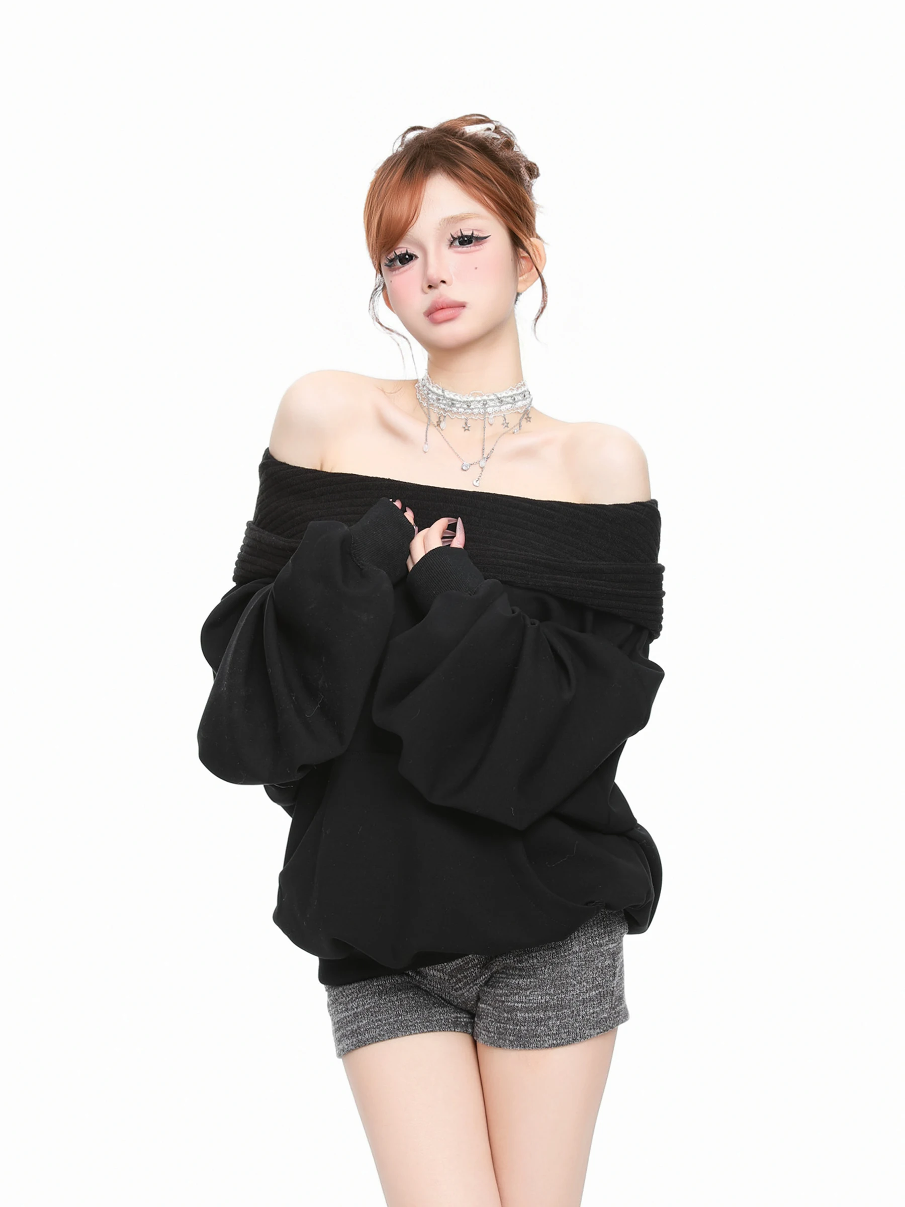 Basterds Korean Style Loose Fit Shoulder Bared Hoodie Women's Spring Fashionable Casual Long Sleeve Thermal Top