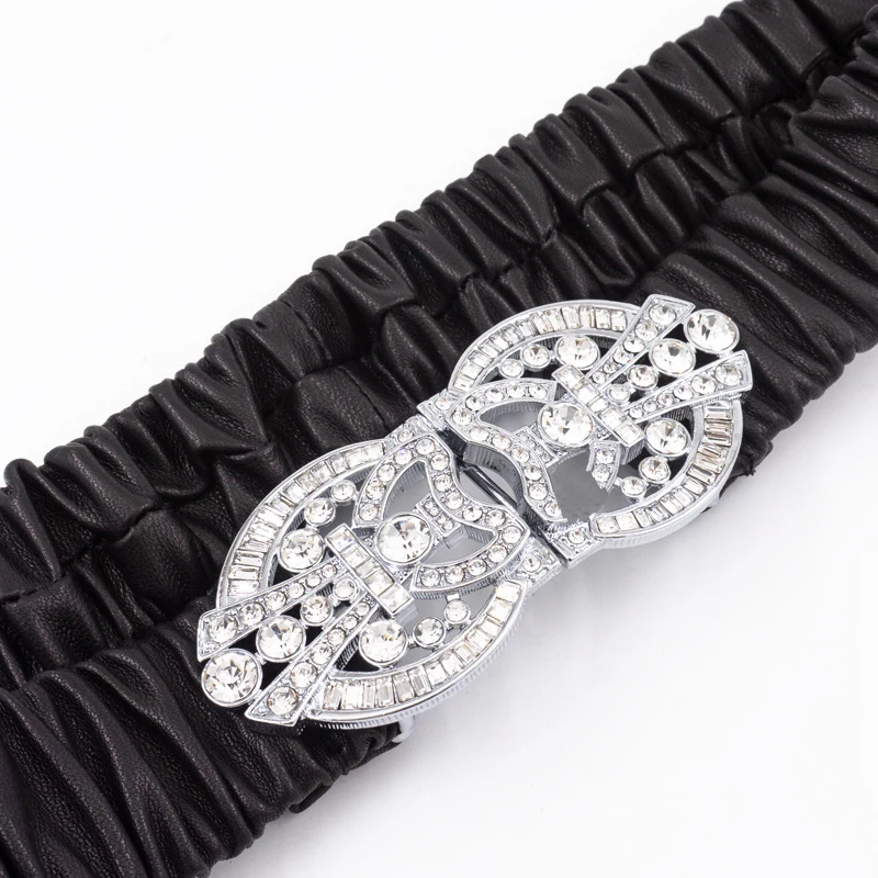 Rhinestone silver buckle sheepskin elastic waistband, elastic diamond buckle waistband, pure white leather soft belt