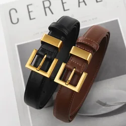 Cinturón de cuero con hebilla dorada cuadrada versátil para mujer, accesorios de lujo ligeros para Jeans, cinturón de diseñador Vintage, alta moda