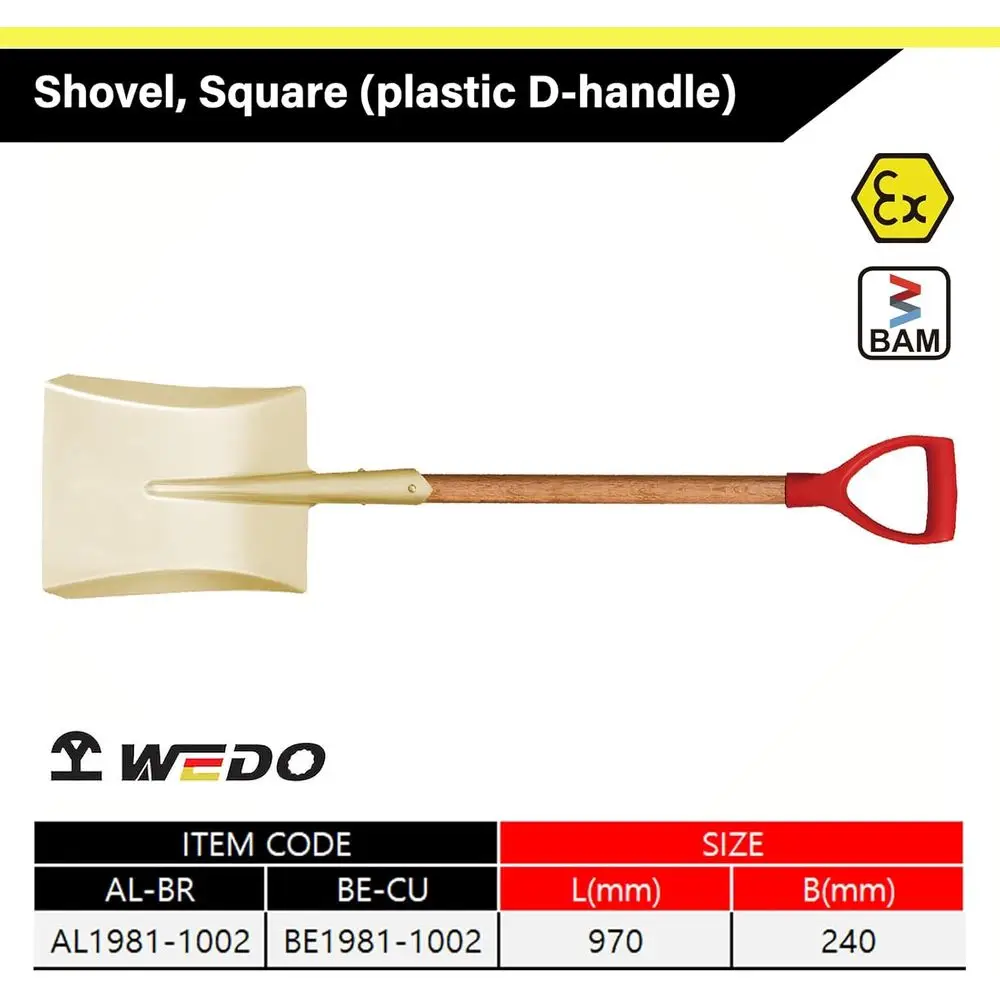 Funkenfreie quadratische Schaufel aus Aluminiumbronze mit Holzgriff, D-Griff, 970 mm lang, DIN-zertifiziert, BAM- und FM-Zulassung